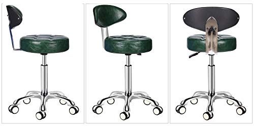 Kaleurrier Rolling Stool Salon Chair with Smooth-Rolling Wheels 360-degree Swivel Seat Heavy Duty Hydraulic Height Adjustable High Barber Cutting Stools (Green, with Backrest)