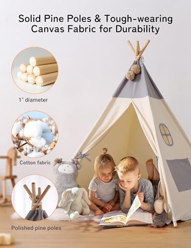 besrey Children's Play Tent Indian Canvas Teepee Cotton with Fairy Lights + Matt Grey