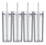 Set of 4 Clear Tall Skinny Tumblers, Acrylic 16 Ounce Tumblers with Straw, Blank Cup for Monogram, Vinyl, Personalization