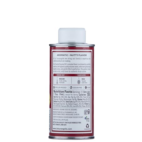 LA TOURANGELLE, TOASTED SESAME OIL, GREAT FOR COOKING, ADD TO NOODLES, STIR-FRY, VEGETABLES, VINAIGRETTES, AND MARINADES, 8.45 FL OZ