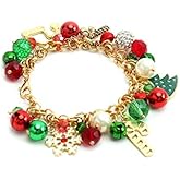 Christmas Charm Bracelets for Women Santa Claus Jingle Bell Stocking Bow Dangle Link Bracelet Xmas Tree Snowflake Reindeer Red Green Beaded Charm Snake Chain Bracelet Christmas Holiday Jewelry Gift