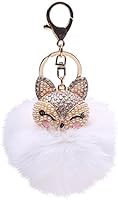 Generic Real Fox Fur Ball with Artificial Fox Head Inlay Pearl Rhinestone Key Chain for Womens Bag or Cellphone or Car Pendant (White)