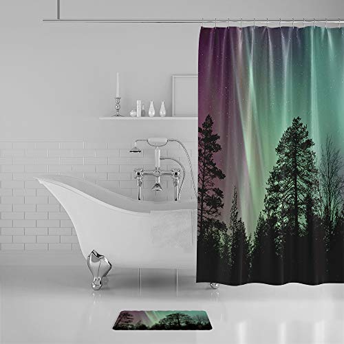 Shower Curtain Set with Bath Rug, Aurora Lanscape Bathroom Accessories Decor Polyester Fabric Shower Curtains with Hooks 60"x72" and Non-Slip Bath Mat 18"x30"