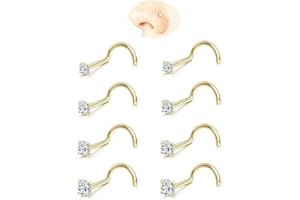 GINGYING Nose Rings Studs: 8Pcs 20G/18G Gold/Silver 316L Surgical Stainless Steel Nose Studs Hypoallergenic Corkscrew Nose Piercing Stud Jewelry for Women Men Clear Cubic Zirconia Imitation Diamond Top Size 1.5mm 2mm 2.5mm 3mm