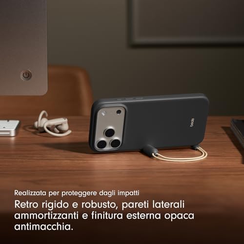 Custodia Cavalletto per iPhone 17 Pro Max con MagSafe e Controllo fotocamera, cordino che funge da supporto integrato, finitura opaca, fodera in microfibra – Grigio granito