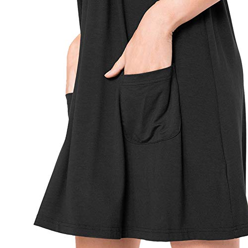 AMCLOS Womens U Neck Dress with Pockets Casual Loose Swing Simple Ruffle Plain Long Sleeve Dresses (Medium, U Neck-Black)