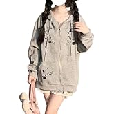 Xojbzoo Women's Y2K Zip-Up Hoodie Oversized Streetwear Cat Ear Cute Cartoon Graphic Harajuku Kawaii Sweatshirt