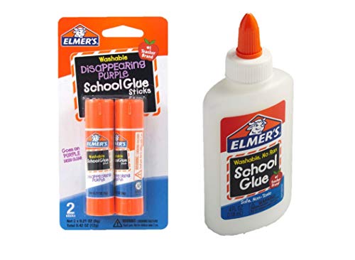 Elmer's Washable School Glue is a reliable and well-known crafting glue that is useful in art classrooms and at home. It holds paper, cardboard and other materials together, allowing kids and adults to complete numerous projects. It is also essential when building scale models. It is washable, making it easy to clean up accidental spills before the glue has a chance to dry. The glue also features a no-run formula that keeps it in the spot where it is applied. This glue is safe for kids to use. This bottle contains 4 fl oz of non-toxic glue. Ideal use on most porous materials such as paper and cloth, and semi-porous materials such as wood and pottery. Elmer's School Glue Sticks are easy to use and easy to clean-up. It goes on purple to help see where glue is applied and then dries clear. Elmer's Glue Sticks are safe and non-toxic. Great for use on paper, school projects, decorations, fabric, and mounting pictures. NOT FOR CHILDREN UNDER 3 YEARS OLD.