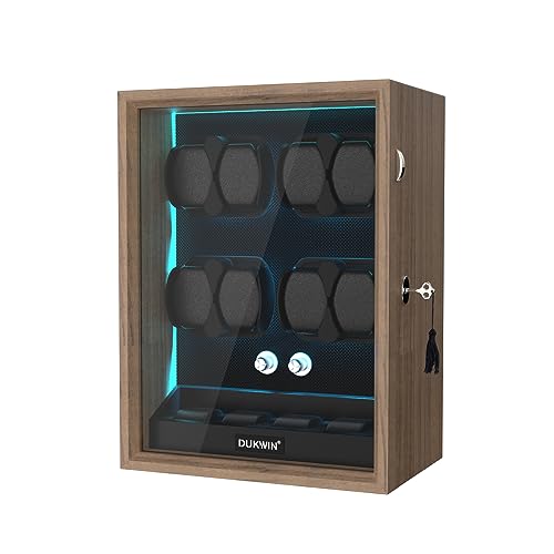 DUKWIN Watch Winder for 4/6/8/12 Automatic Watches, Lockable Automatic Winders with Extra 4/6 Watch Storages, 4 Rotation Modes, Quiet Mabuchi Motor, Sfot Watch Pillows and Blue Backlight