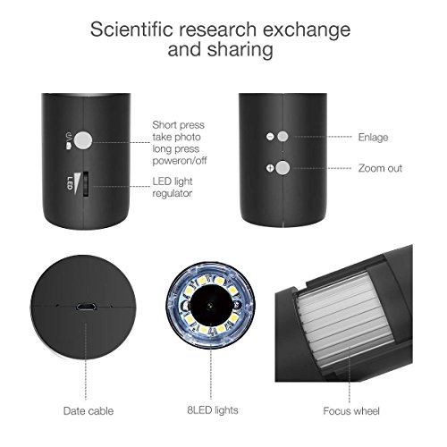 Wifi Digital Microscope, Goodan Wireless Microscope, Portable 50 to 1000X Black Updated Magnification Endoscope with Mini 8 Led Inspection Camera for Iphone IOS and Android Smartphone, Ipad