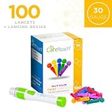 Care Touch Adjustable Lancing Device w/ 10 Depths Plus 100 30 Gauge Multi Colored Lancets