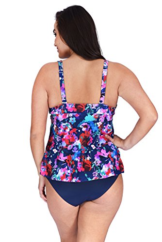 (1MZ7200) Mazu Swim Women's Ruffle Mesh Swimwear Triple Tier Plus Size Tankini Top (18W-24W) in Le Jardin Size: 18W - Thumbnail 3