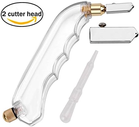 (2 Cutter Head) Pistal Grip Heavy Duty Oil Feed Glass Cutter, Professional Glass Cutting Tool for 1-12mm Thick Stained Glass/Tiles/Mosaic/Mirror/Floor Tiles/Ceramics (Pistal Grip)