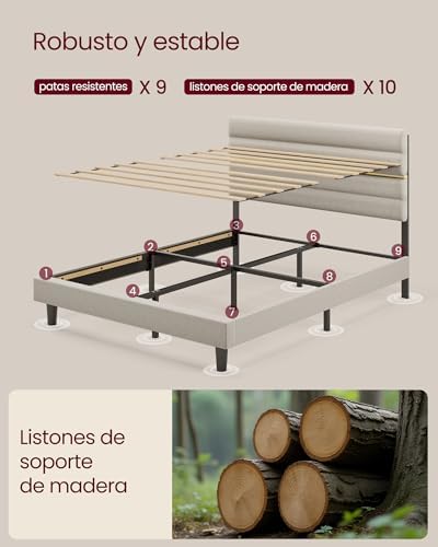 Marco de Cama Matrimonial, Marco para Colchón de 160 x 200 cm, Cabecero Acolchado Ajustable, Metal y Madera, Estilo Moderno, Beige Cappuccino RMB505LH01