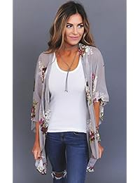 ECOWISH Cardigan con estampado floral suelto con manga ancha para mujer chaqueta cubre blusa estilo kimono de punto con encaje