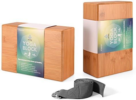 ULTRAFY Yoga Blocks Bricks, Non-toxic, Odorless, Water-Resistant, Support Bricks with Exercise Strap for Better Positions Stretching Yogi Accessories (3×6×9 Inch, Bamboo)