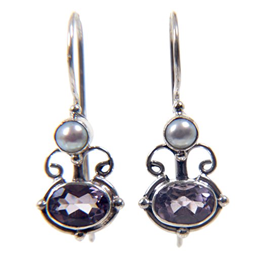 NOVICANOVICA Artisan Handmade Amethyst Cultured Freshwater Pearl Drop Earrings .925 Sterling Silver Purple White Indonesia Birthstone 'Sunrise Spirit'