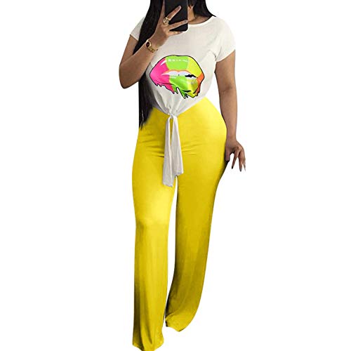Desirepath Women Two Piece Outfits Sets Tie Knot Front Short Sleeve Printed Top Long Pants Sets Yellow