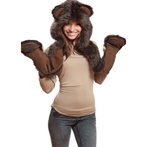 Brown Bear Anime Faux Animal Hood Hoods Mittens Gloves Scarf Spirit Paws Ears for Men ZIPPER POCKET