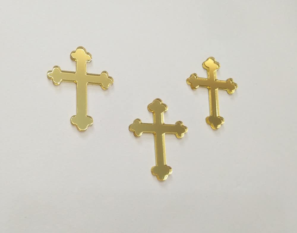 Photo 1 of 10pcs of Acrylic Baptism Cross Cake Topper, Mirror Cross Cake Decor, Gold Holy Communion Cross (2'', Gold Mirror)