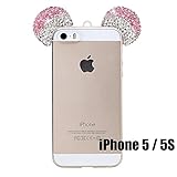 iPhone 5 / 5S Case, Crystal Diamond Bling Rhinestone Mouse Ears Clear TPU Rubber Silicone Cover with Lanyard & Stylus Pen (iPhone 5/5S)