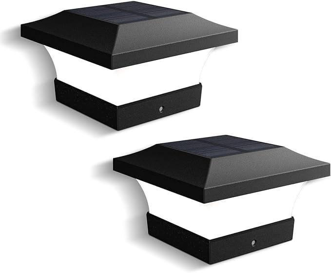 ILIKEPOW Pack of 2 Solar Post Lights, 10 x 10, 6000 K Warm White Post Caps, Solar, IP65 Waterproof Post Cap, Solar Post Lights for Wooden Posts, Fence, Entrance, Garden