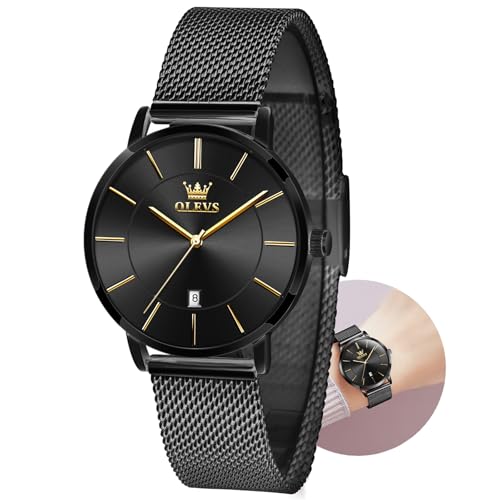 OLEVS Watch Women Mesh Watches for Women with Date Analog Quartz Ladies Watches Classic Dress Womens Wristwatch Waterproof （Blue/Black/White Face）