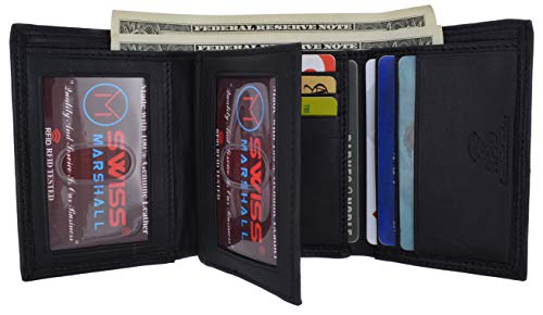 Swiss Marshall Men's RFID Blocking Premium Leather Classic Trifold Wallet (Black)