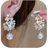 Pearl Round Bead Dangle Earrings for Women Shiny Rhinestone Flower Pearl Statement Earrings Crystal Pearls Drop Charm Earring Jewelry Wedding Gifts