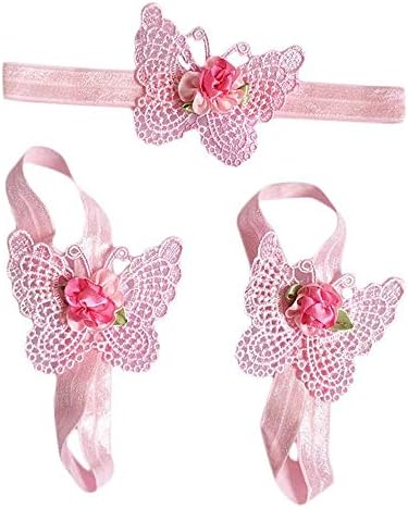 Baby Girls Infant Crochet Butterfly Headband Newborn Knitted Flower Barefoot Sandals Set Beauty Headdress