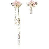 Pink Flower Dangle Earrings Floral Zircon Ear Stud Cute Peach Blossom Long Tassel Earrings Asymmetrical Flower Earring Jewelry for Women