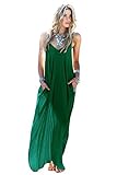 Mixmax Women's Strappy Casual Loose Boho Chiffon Pocket Long Maxi Dress (Medium, Green)