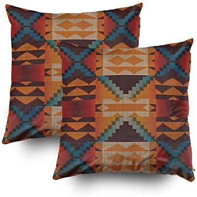 KIOAO Pillowcase Standard 2PCS 16X16Inches Square for Cushion Home Decorative, Brown red Teal Blue Tribal Mosaic Pattern Pillow Covers Printed with Both Sides of Cotton