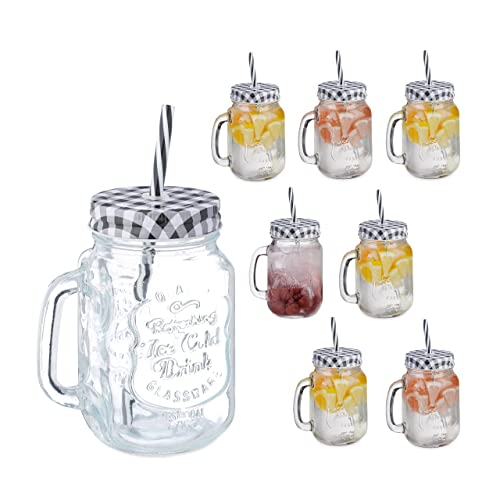 Relaxdays Set of 8 Drinking Glasses, Lids and Straws, Checkered, 500 ml, Summer, Lemonade Jars with Handle, Black/White