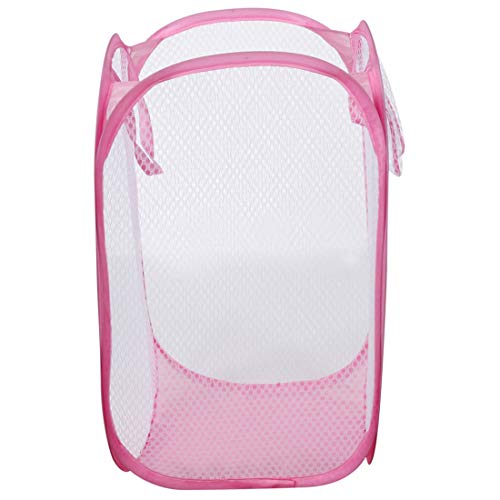 Portable, Durable Handles, Laundry Basket Pop Up Mesh Bin Tidy Storage Foldable Cloth Washing Bags Hamper 2Pcs (Pink)