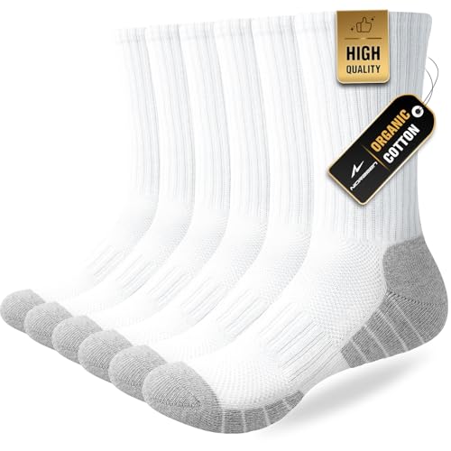 Niorasen 6 Pairs Mens Socks, Cushioned Breathable Sports Socks Outdoor Multipack, Comfortable Crew Cotton Athletic sock for Work Walking Hiking Running, Black White Grey Pure Black Pure White