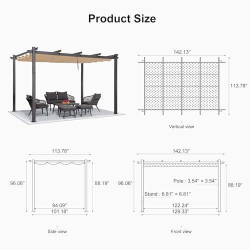 PURPLE LEAF Outdoor Retractable Pergola 10' X 12' Canopy Aluminum, Beige image 29