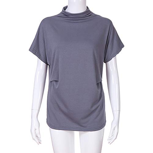 New in Summer Haalife◕‿Women Turtleneck Short Sleeve Top Fashion Irregular Blouse T Shirt Casual Oversize Tunic Tops Gray - Thumbnail 3