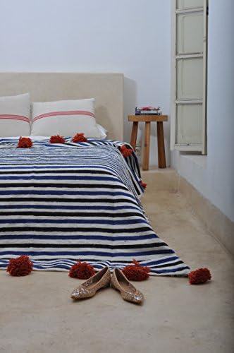 Corsica. Moroccan Pom Pom Blanket Throw, Quilt, Bedding, Cotton. X-Large (94 x 118 inches / 2.4 x 3 m)