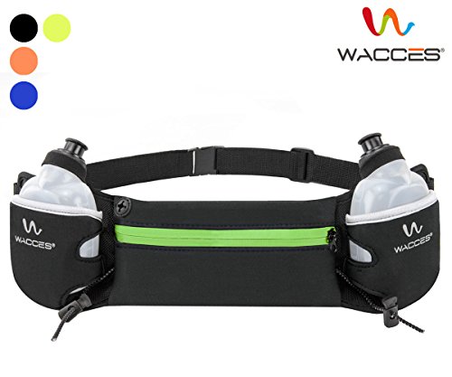 Wacces Exercise Waist Hydration Running Belt Pack - Fits iPhone 6/7 Plus - with 2 BPA Free Water Bottles Green Zipper