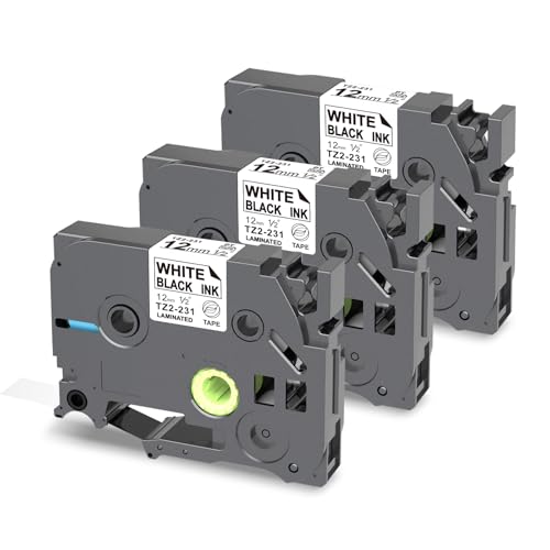 PUTY Tze-231 Compatible with Brother Label Printer Tape 12mm 0.47 Laminated Black on White Compatible with Brother Label Tape Compatible with Brother P Touch H100R H101C H110, 3-Pack