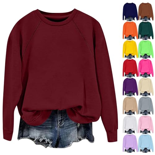 jumper for women xs Sweatshirts for Women UK Oversized Jumpers Ladies Tops Crewneck Long Sleeve Tops Side Split Loose Fit Cotton Vintage Crew Neck Sweatshirts Long Sleeve Top Wine XL