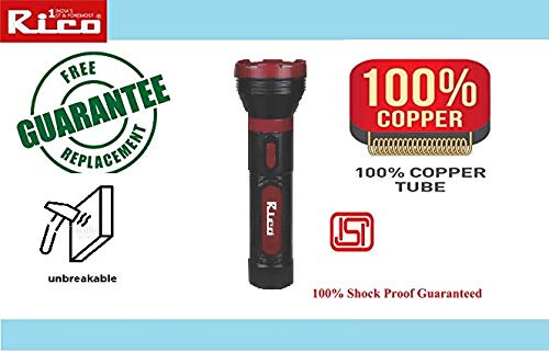 Rico Military Grade Torch Chargeable High Power Long Distance Torch Light Free Replacement Guarantee Upto 1800 cm Light Range with inbuilt Charger Continue 6 Hours Works