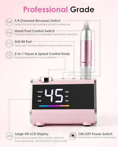 CozyZen Taladro de Uñas Eléctrico Profesional | 45000 RPM, Lijadora con Pantalla LCD, Control Manual y de Pie, Bajo Ruido para Uñas Acrílico/Gel, Manicura y Pedicura