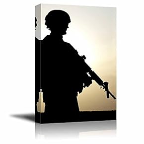 Silhouette of Us Soldier with Rifle at Sunset Wall Decor
