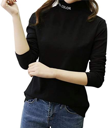 HIMISSU Fashion Turtleneck Sweater Women Leisure Sweatshirt Autumn Letter Printing Top Long Sleeve High Collar Blouse Slim fit O-Neck Fleece Sweater Vintage Stretchy Tee Retro T-Shirt