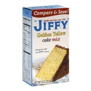 Jiffy cake Mix sugar, enriched bleached flour (flour, niacin, iron, thiamine mononitrate, riboflavin, folic acid), shortening ( (072486003202)