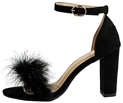 Women's Black Fluffy Feather Strappy Open Toe Mary Jane Faux Suede Pom Pom Block Heel Dress Sandal-5 - Thumbnail 2