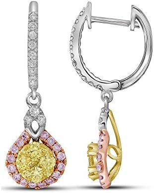 14kt White Gold Womens Round Canary Yellow Pink Diamond Dangle Earrings 1.00 Cttw