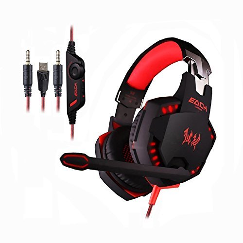 [2015 New Version] eTopxizu Comfortable LED 3.5mm Stereo Gaming LED Lighting Over-Ear Headphone Headset Headband with Mic for PC Computer Game with Noise Cancelling & Volume Control Red
